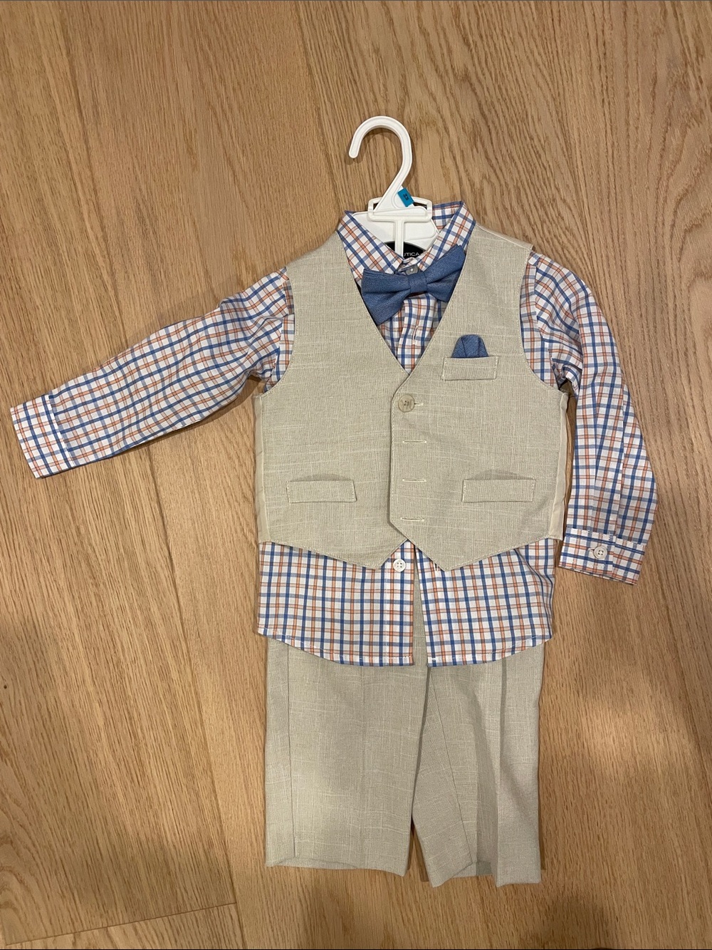 Nautica Beige Vest Set with Blue Plaid Shirt and Navy Bow Tie